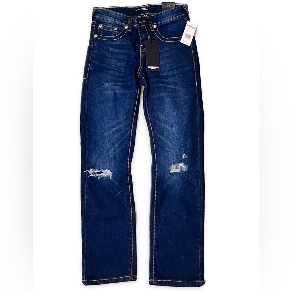 True Religion Blue Straight Jeans with Distressed Accents